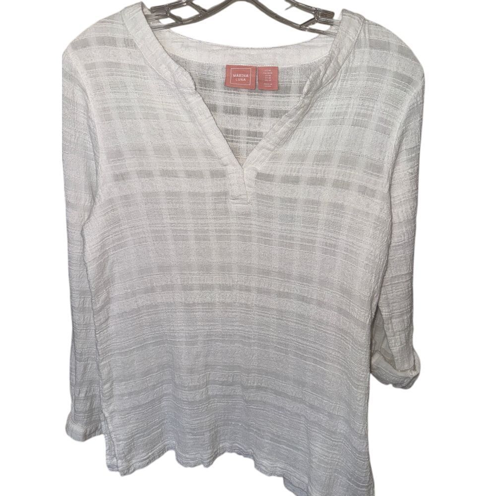 Women's Light Cotton Blend V Neck Long Adjustable Sleeve White Striped size M